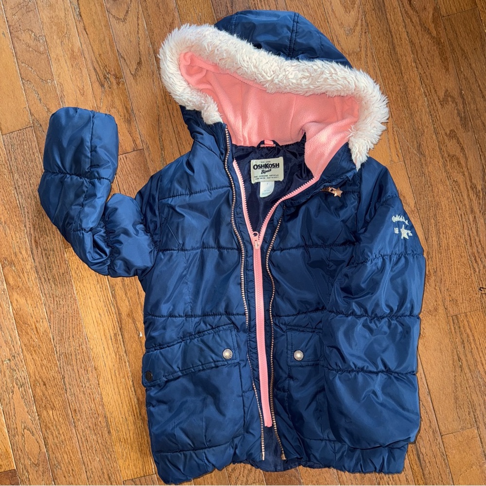 Y2K OshKosh B'gosh Navy Puffer Coat with Fur Hood, Size 7